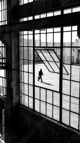 IA generated monochrome perspective view of a large industrial grid window. Black and white architectural scene showing an open pane looking out to a courtyard with a walking silhouette person.