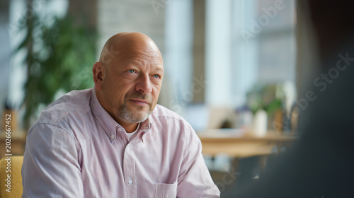 Authentic candid portrait of businessman during casual office conversation, natural expression, shallow focus