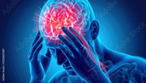Human brain illustration showing pain or inflammation in the head. Suitable for medical journals, healthcare websites, and educational presentations.
