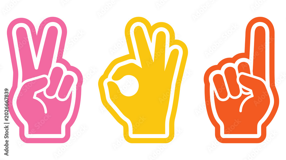 Fototapeta premium Three colorful foam finger hands making peace and ok sign icons.