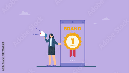 Tablou pe pânză Marketers, businesswoman with megaphone conducting brand awareness campaign