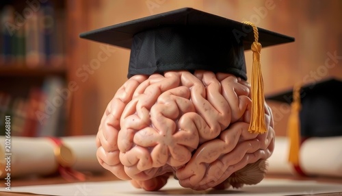 Human brain model wearing graduation cap and mortarboard with tassel. Suitable for education, science, university, learning, and academic content.