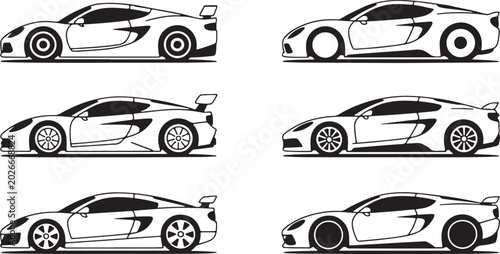 Bilde på lerret Basic RGBSports Car Side View Vectors Set: Minimalist Outline Silhouettes of Rac