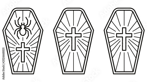 Schilderij op canvas Wooden coffins set with religious cross and spider decorations.