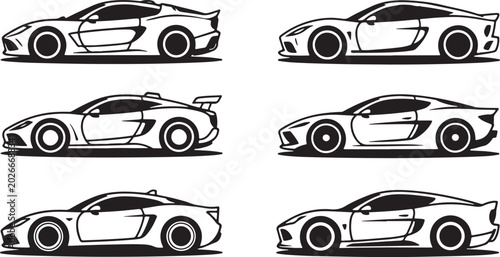 Bilde på lerret Basic RGBSports Car Side View Vectors Set: Minimalist Outline Silhouettes of Rac