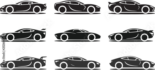 Bild auf Leinwand Sports Car Silhouette Icons Set: Black Vector Outline Stencil Elements of Racing