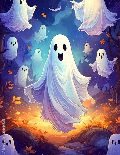 A group of cheerful ghosts floating in a nighttime setting