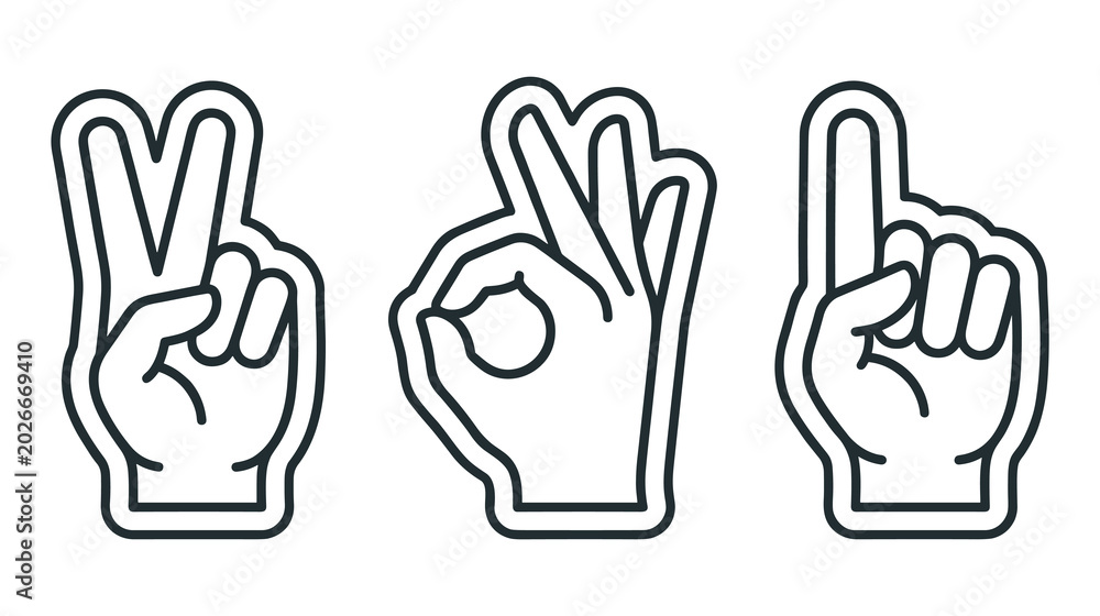 Obraz premium Set of three hand gestures peace sign ok sign and one finger up.