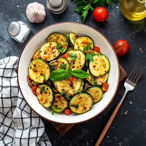 Grilled zucchini slices in bowl with tomatoes and herbs overhead view