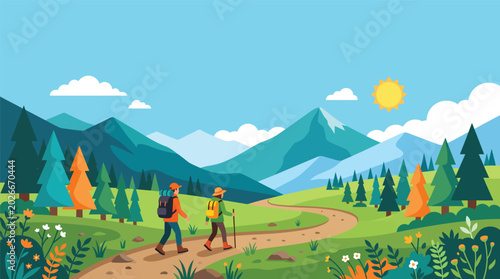 Tableau sur toile Hikers Trekking on High Altitude Blue Ridge Mountain Trail