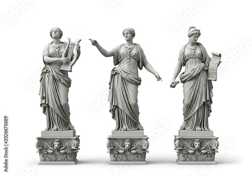 Three classical stone statues of greek goddesses standing on decorative pedestals in a line