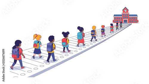 Quadro su tela Children Walking Towards School: A line of diverse children, each with a backpack, walk up a ruler marked path towards a classic school building, symbolizing education and growth