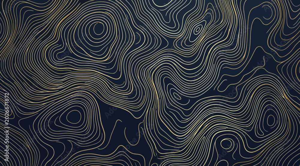 Obraz premium Abstract topographic map style background with golden contour lines on dark blue