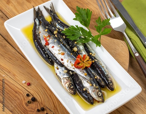 A plate of small fish with herbs and spices on a wooden table