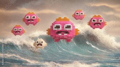 Pixelated pink and white cartoon-like cloud characters floating above ocean waves at sunset, digital art illustration