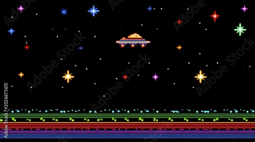 Retro Pixel Art Space Scene with UFO and Colorful Extraterrestrial Landscape Under Starry Sky