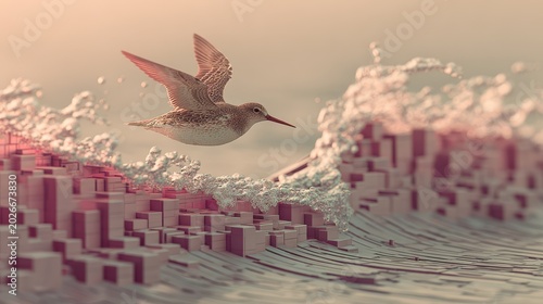 Hummingbird Gliding Over Geometric Landscape with Layers and Water Effect in Soft Light