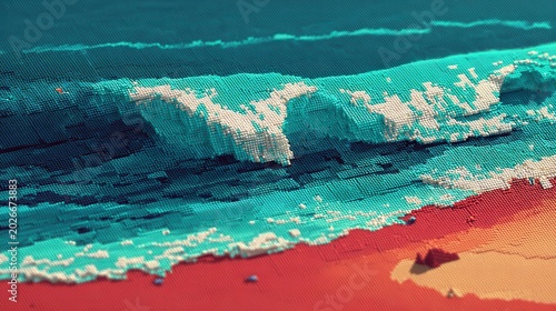 Close-up of a digital pixelated beach scene with ocean waves and sandy shore in vibrant blue, red, and white colors