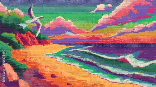Vibrant Pixelated Beach Scene with Colorful Sky Surfing Waves and Lush Green Trees at Sunset in a Pixel Art Style