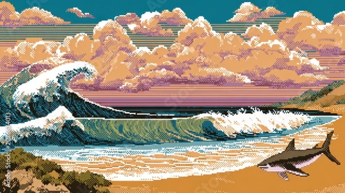 Vibrant pixel art depiction of ocean waves crashing onto sandy beach with dolphin, cloudy sky, and scenic coastal landscape