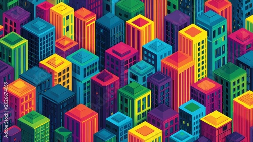 Colorful Geometric Cityscape Illustration Featuring Variety of Tall Building Structures and Bright Urban Environment