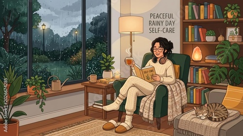 Cozy Indoor Scene with Self-Care on a Rainy Day
