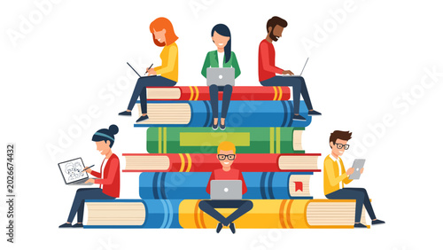 Φωτογραφία Learning Ecosystem: Diverse individuals are depicted engrossed in learning activities, seated atop a stack of books and engaging with technology like laptops and tablets