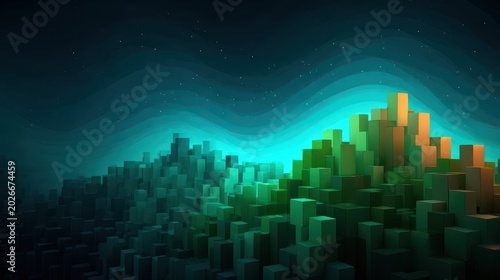 Abstract Digital Mountain Landscape with Vibrant Lighting and Geometric 3D Block Structures