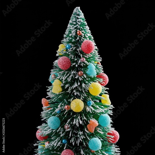 Close up image of a fantasy miniature pine tree decorated with colorful crystalline sugar and edible holiday sweets, suitable for festive treats ,decoration ,sugary ,sugar