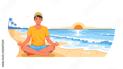 Slika na platnu Zen by the Sea: A man in a yellow t-shirt and blue shorts sits cross-legged in a meditative pose on a sandy beach, facing the serene ocean at sunrise or sunset