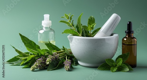 Close up of mortar and pestle crushing lush green botanicals for natural skin treatment remedies and dermatological applications ,dermatology ,plant ,extract