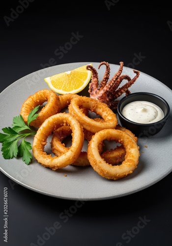 Delicious deep-fried calamari rings and tentacles served hot on a plate with a lemon wedge and fresh parsley ready for dipping sauce ,sauce ,battered ,seafood