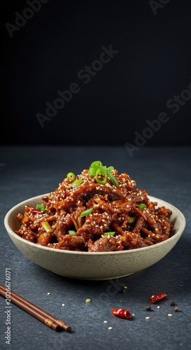 Delicious crispy shredded chilli beef coated in a sticky, fiery sweet sauce, served hot in a ceramic bowl, garnished with fresh scallions and sesame seeds ,comfort food ,main course ,fiery