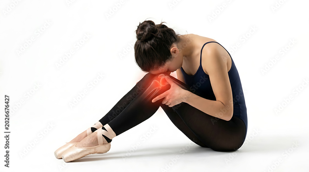 Fototapeta premium Professional Dancer with Knee Pain. Ballerina Leg Injury & Joint Discomfort. Female Athlete Physical Strain & Sports Medicine Concept.