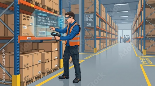 Warehouse Worker Scanning Product with Handheld Scanner in Storage Aisle