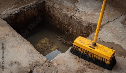 Hole dug in concrete with muddy water, debris, and a yellow broom