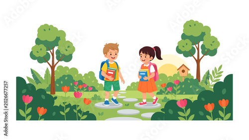 Foto Kids going to School: Two happy children with backpacks and books walk on a stone path in a park on a sunny day, surrounded by lush green plants and trees
