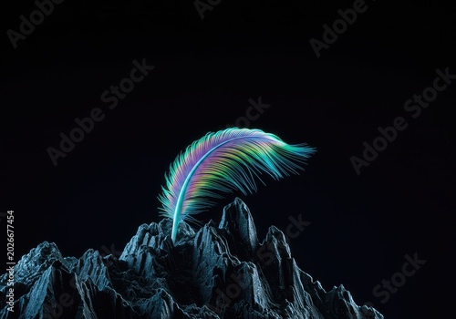 Extreme disparity in scale: a colossal iridescent plume rests delicately on the sharp pinnacle of a miniature, crystalline mountain range ,feather ,shiny ,balance