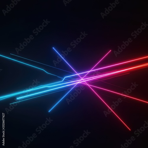 Glowing electric light lines cross a dark backdrop. Vibrant futuristic abstract wallpaper design with high-energy colorful geometry ,illuminated ,electric ,neon