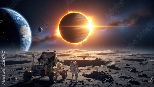 Astronaut explores lunar landscape with a rover, eclipse shines bright on alien world