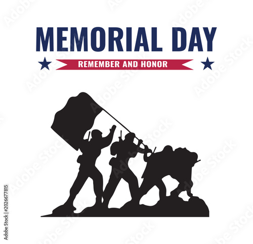 Memorial Day Patriotic Icon Showcasing Silhouette of Brave Soldiers Raising The American Flag