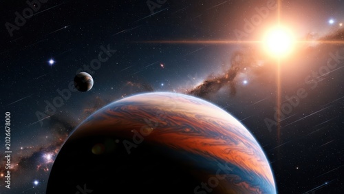 Cosmic vista showcasing exoplanets alongside a distant sun and interstellar phenomena