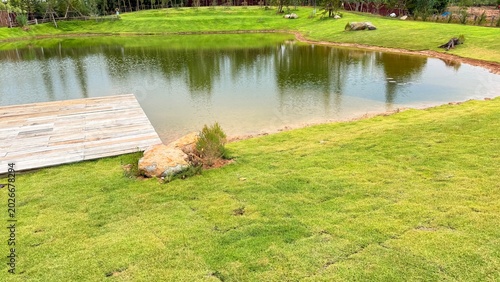Fish pond, seating area.