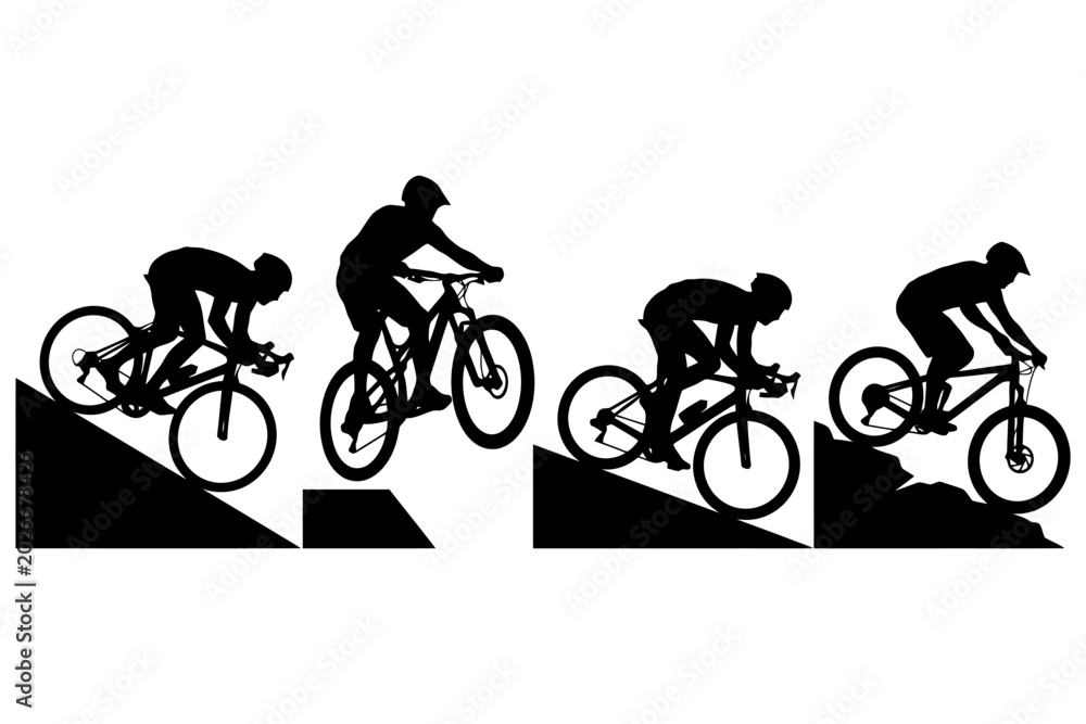 Obraz premium Silhouettes of cyclists performing mountain biking stunts on different terrains.