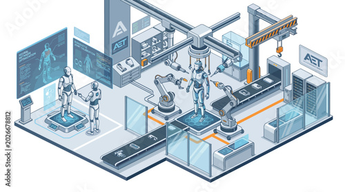 Robotic assembly line manufacturing humanoid machines in a futuristic automated high tech engineering factory setting now