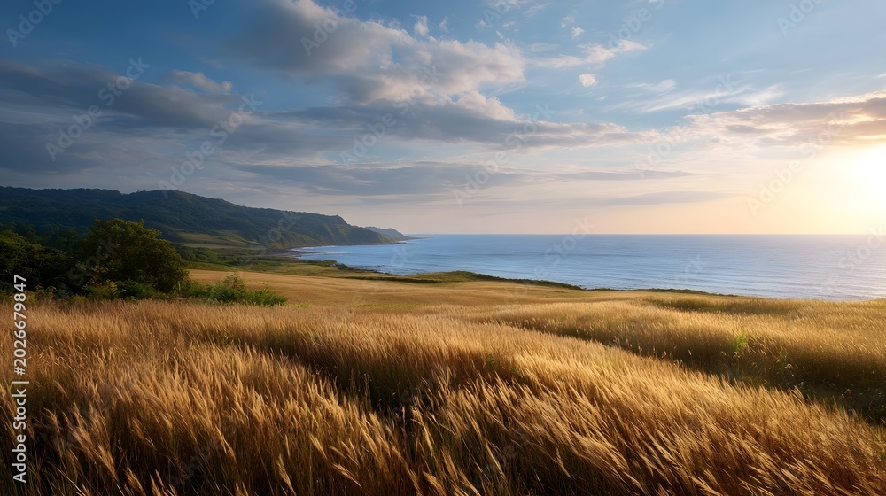 Fototapeta premium A stunning coastal landscape featuring rolling hills meeting the ocean under a dramatic sunset sky