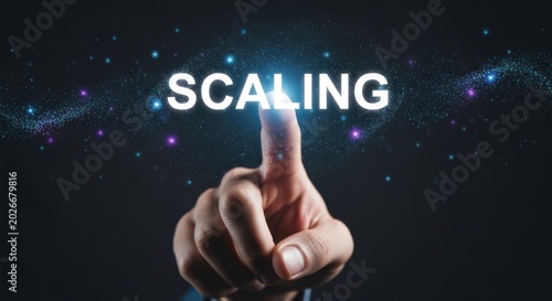 Person touching glowing scaling text on dark background, for business growth, corporate expansion, scalability digital system, achievement strategic success