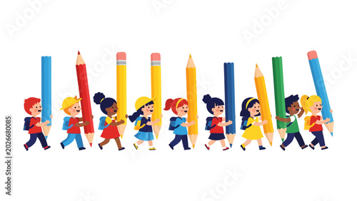 Konstfotografi Little learners with giant pencils march to school: A joyful procession of diverse young students, each holding an oversized pencil, marches forward with backpacks