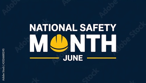 National safety month june logo with hard hat and text on dark blue background.