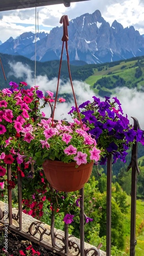 Hanging flower baskets with vibrant blooms overlooking mountain landscape